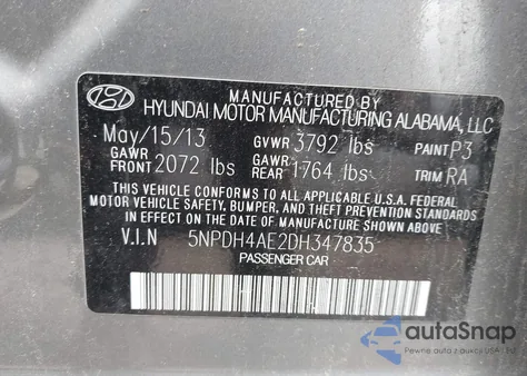 2013 Hyundai Elantra Gls from USA, damaged, VIN 5NPDH4AE2DH347835